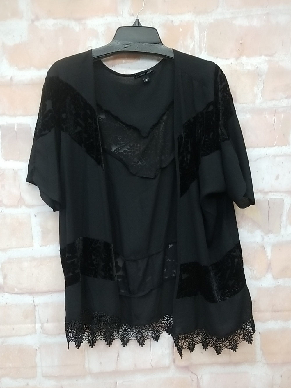 Signature Studio Black Open-Front Lace Trim Blouse, Coverup